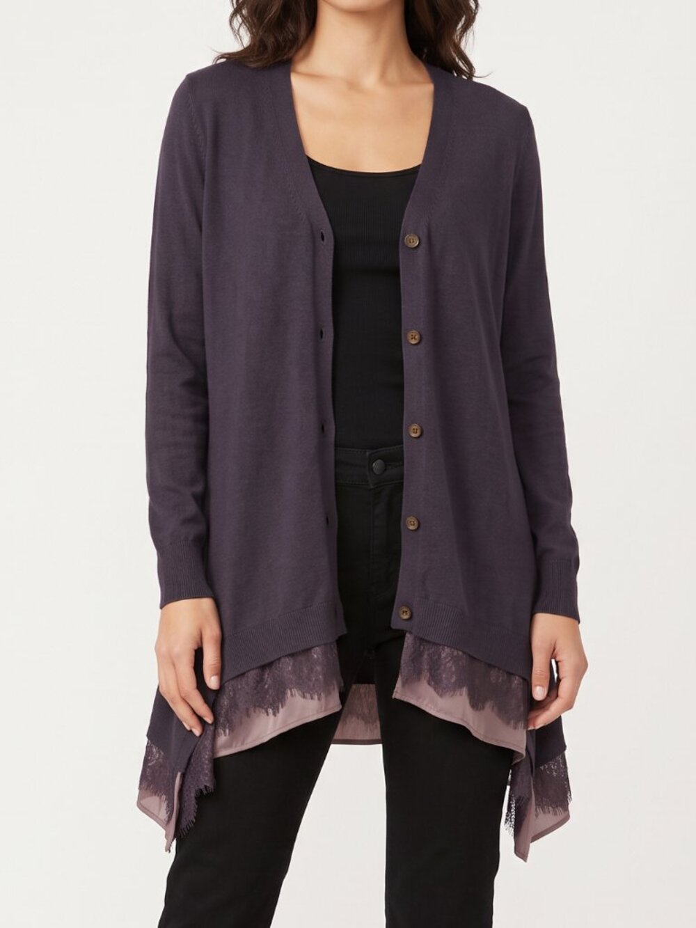 LOGO by Lori Goldstein, M, Blackberry cardigan with satin & lace sharkbite hem